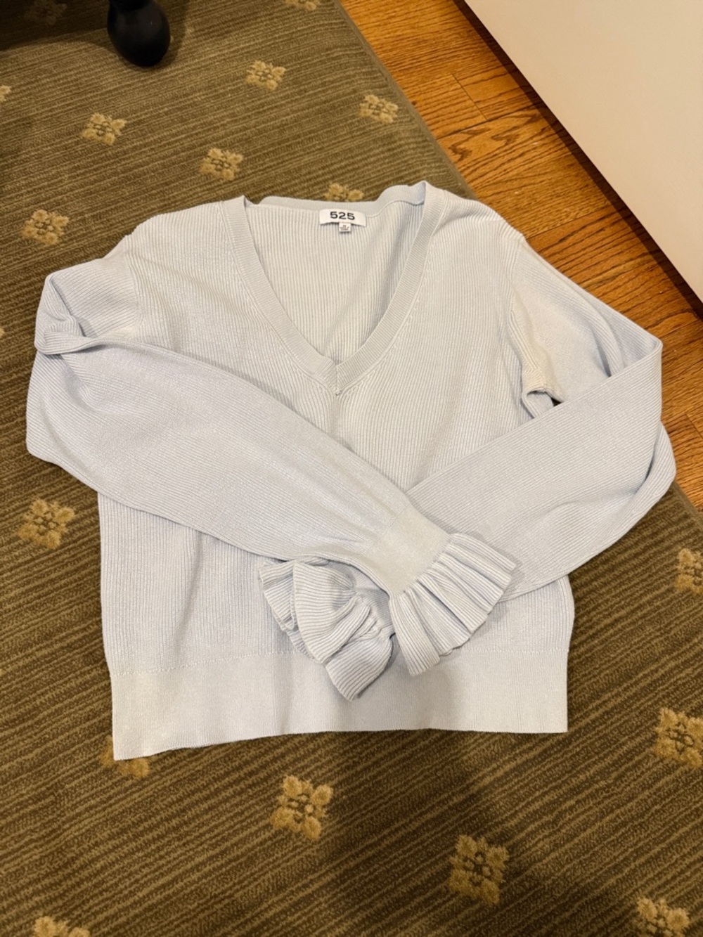 525 America Light Blue V-Neck Sweater with Ruffle Cuffs